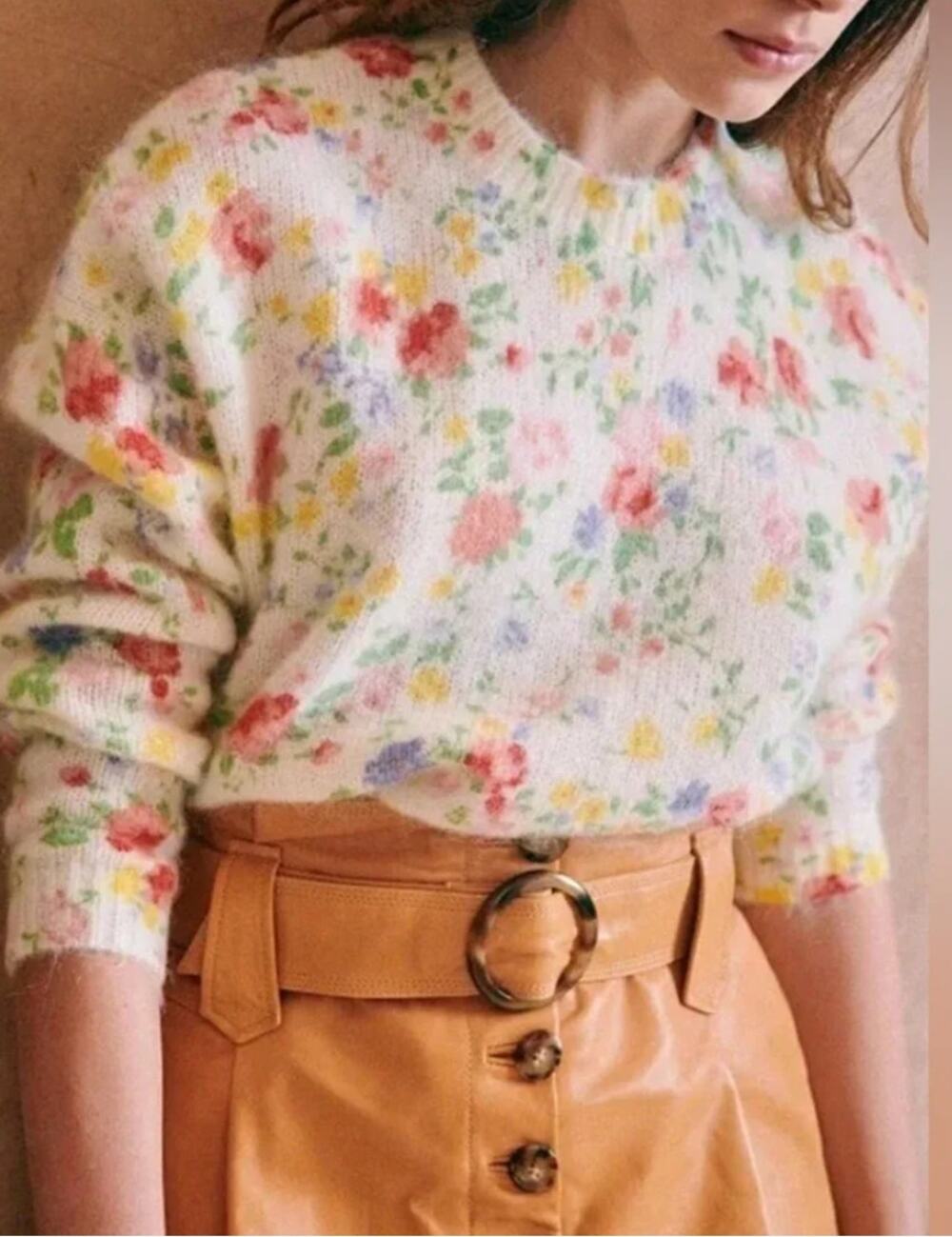 Sezane Paulie Sweater Jumper Peonies Floral Wool Mohair White Yellow Size Medium